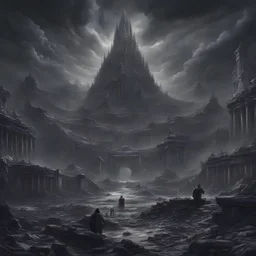 Generate a visually striking artwork that depicts a fallen civilization, drawing inspiration from dark mythology and biblical references. Incorporate elements of chaos, destruction, and a foreboding atmosphere.