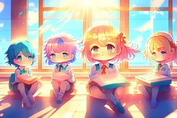 cute chibi holographic girls and boys sitting in the classroom in sunshine