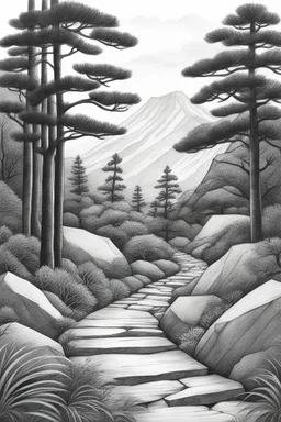 A photo of my traditional, monochromatic nature pencil drawing inspired by Japanese woodblock prints, featuring a stylized scene of a forest with a focus on a rocky, natural stone pathway.