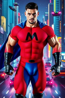An extremely muscular, athletic man with a short, black hair, blue eyes, goatee, wearing a bright red, textured formfitting bodysuit, wearing blue trunks on the outside of the bodysuit, a black leather, knee-high black leather boots, black wrist gauntlets, blue cape, with a black Capital letter "M" on the chest, posing against a futuristic cityscape, Neon-lit, Extremely colorful, Flying cars