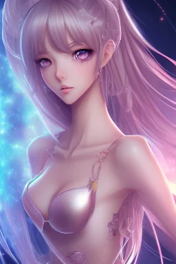 Anime girl close and personal but beautiful. She knows what she wants and how to get it. Stunning Starsign background