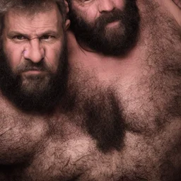 portrait photo of two 55 years old vikings embraced muscular chubby and hairy beard manly chest hairy shoulders emotive eyes hyper-realistic 4k cinematic photographic