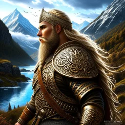 Blond Viking warrior, painted, digital painting, 24k, high resolution, highly detailed, ornate, mountain views with streams of water, art by JOHN STEPHENS