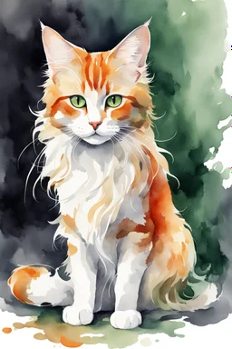 Watercolor illustration of a beautiful cat with long, wavy, thick hair, pointed ears, bright green eyes, orange, black and white colors, ultra quality, (((full body))), sitting on the floor