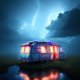 An old caravan at the bottom of an streaming river, lots of clouds within neon lights, thunder