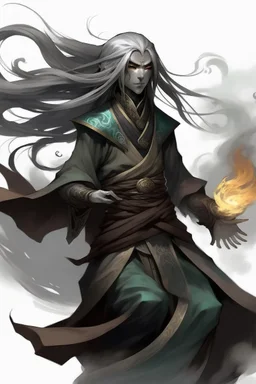 Air genasi from dnd with ashesen skin and asian flowing hair herematerial smoke Monk attire with ash giant Black Smoke Some hair