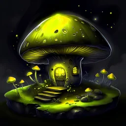 Wonderful spotless mushroom house in space. Floating Island in space. Black, lemon and lime colored. fine detail oil painting photo realistic hyper detailed perfect composition trending on artstation.