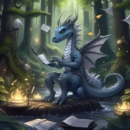 A dragonoid human with grey scales and a flexible tail in the middle of taking notes in a magical forest being bothered by magical spirits