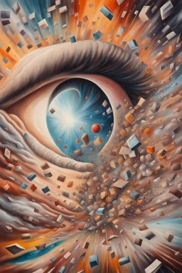 Close up surrealism drawing of memories and images that were painted on a canvas and are exploding towards the artist. A key vision, crazy, abstract, surrealism,weird,8 k, , high quality