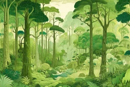 A light palish green rainforest with chopped down trees designed in Bayeux tapestry painted by Antoni Gaudi
