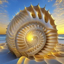 finely geometrical fractal shell, nautilus regular logarithmic spiral geometrically developed fibonacci, translucent, parametric architecture grasshopper, in the golden hour time greek island --v 5 --ar 5:8**