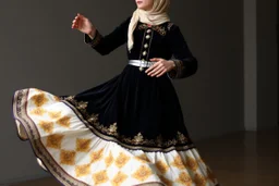 Long shot of an Azeri woman dancing in a traditional “Arkhalig” velvet jacket and a long, flowing “Tuman” skirt embroidered with gold “Buta” patterns. She wears a “Gümüş Kemer” (silver belt) and a “Ruband” silk headscarf held by a gold “Tiara.” Her hands are performing “Şana” (comb-like) finger movements. She spins slowly, the heavy fabric of her dress billowing outward in a controlled, elegant circle.