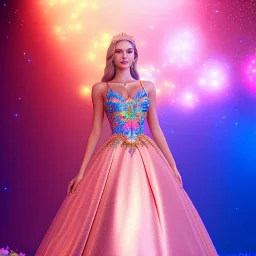 Full body Princess, woman blondie, make up,smile, beautiful place,amazing, flowers, colors, blue and pink butterfly,Glowing dress , realistic, photo real, stars night, detailed, high contrast, 8k high definition, unreal engine 5, extremely sharp detail, light effect, light background