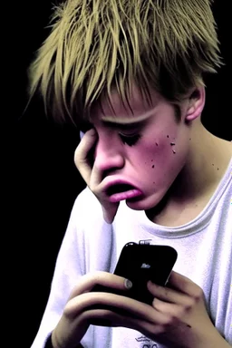 Justin Bieber holding a phone and crying