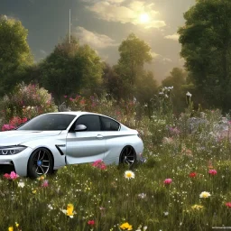 voiture blanche dans un champs de fleur, chrome, cyber, Concept Art, couleur vibrante, Bmw