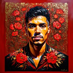 🔥 PROMPT: A painting of a front-facing man, rendered in a colorful and vividly bold design. The composition features striking patterns in red, gold, and black, set against a deep red background. Floral motifs and folkloric elements are intricately woven into the design, creating a dynamic and visually rich piece. The artwork combines the expressive energy of flower power with folkloric influences, exuding a bold, appropriation art style that is both captivating and culturally vibrant.