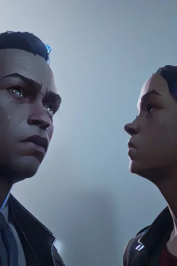 detroit become human, two people looking at each other , sci-fi fantasy style, volumetric lighting, particales,highly detailed,cinamatic, deep colours,8k.