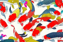 colorful koi carp collage illustration pattern, tiny, small, miniature, short, cute and adorable, digital painting, highly detailed, intricate, elegant, artstation, concept art, colorful, beautiful, studio ghibli, aoshima chiho, takashi murakami, manga, cute and adorable