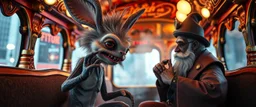 close up portrait of hairy fluffy polymer clay cute happy excited gesticulating alien monster bunny with realistic human colored and textured skin, and long sleek limbs and with studio lights, on a luxury ornate neon buss with strange graphitti and tatooes, talking to a wise man, buss is full of smoke, and bright beams from the sky