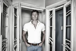 man in jeans and a shirt standing in a room of doors