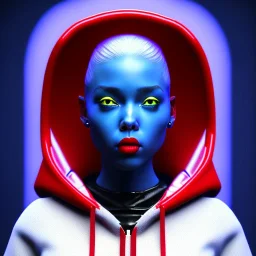 British woman, rounded face, bubble gum, x, blue, red, white, hoodie, feathers, retro, latex, leather, soft color, highly detailed, art stations, concept art, smooth, unreal engine 5, god rays, ray tracing, RTX, lumen lighting, ultra detail, volumetric lighting, 3d, finely drawn, high definition, high resolution, neon background.