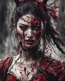 Tall girl samurai, face distorted with pain, screaming, tears streaming from eyes, siting pose, fullbody, splashes blood, behind guts rising from the ground, intricate, darkred tones, macro photography,