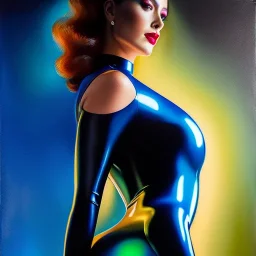 Ultra detailed fullbody Portrait in oil on canvas of beautiful fit mystique,wearing minimal skintight latex suit, extremely detailed digital painting, extremely detailed face,crystal clear Big Glowing eyes, mystical colors ,perfectly centered image, perfect composition, rim light, beautiful lighting, 8k, stunning scene, raytracing, anatomically correct, in the style of robert e howard and Ken Kelley and Ohrai Noriyoshi and Simon Bisley and tomzj1