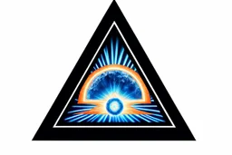 a nuclear explosion cloud, behind an orange glowing omega like shape, all inside an equilateral triangle like a doorway to a different world, radiant lines, digital painting
