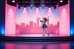 A 3D recursive structure modern stage with a pretty lady in modern clothing dancing,animating background stage