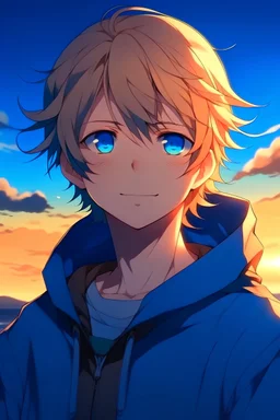 cool anime chalan s menom Ixpo s typom vlasov špinavý blond s modrý očami s modrou mikinou ktorá má kapucňu s pozadím pri západe slnka