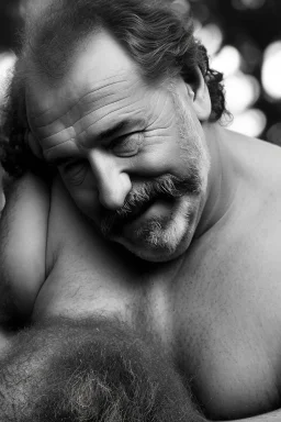 Close up photography, 35mm lens lens, a happy smiling muscular Sardinian shepherd burly chubby man 58 years old, lying down in the meadow near a little tree, ugly and dirty, bullneck, manly chest, in tank top and overalls, wild white beard, ambient occlusion, strong sunshine, emotive eyes, misery and poverty, side view