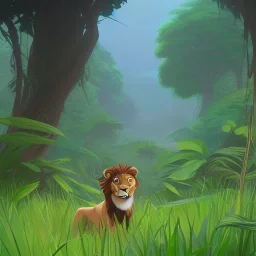 picture for children's book showing a cute lion behind tall grass in the jungle.