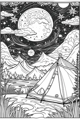 A campsite under a starry night sky, with a crackling campfire and a cozy tent, represents the freedom of simplicity and outdoor living..coloring book page, simple and clean line art, adult drawing book, black and white, crisp black lines, no shades, sharp lines, coloring book for adults, cartoon style, landscape