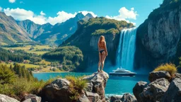 a picturesque natural landscape that includes majestic mountains and a serene countryside. Additionally, incorporate details about a stunning, large waterfall that enhances the beauty of the scene. The output should be structured as a narrative, painting a clear image with rich, descriptive language that evokes the sights and sounds of this beautiful environment water fall falls to a big sea with modern ship in it.a fullbody lady in swim suit is standing on waterfall start rock16 by 9