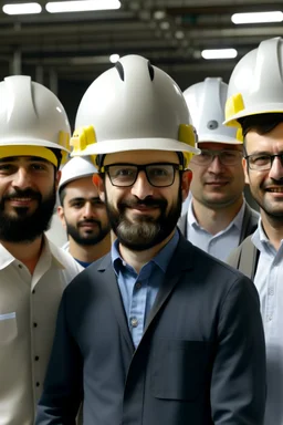 An engineer wearing a helmet stands with a group of engineers