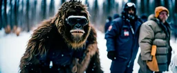 close up documentary photography, Baby Yeti, young Bigfoot, Dystopian, Japanese, Extreme depth of field, bokeh blur, winter, blizzard, Alberta, all-natural, in the style of candid, imperfection, natural lighting, Professional shot, shot on Agfa, Fuji Film, Anamorphic lens, 1980s, --ar 4:5 --w 150 --style raw