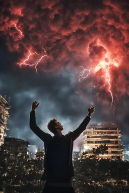 Young man standing, with arms raised, in front of an exploding building at night, with red lightening around him