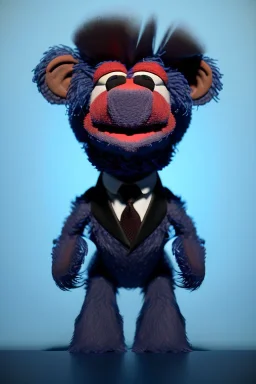 Waist up muppet Portrait, Vladimir Putin as muppet doll, Black suit, photo studio, blue background, unreal engine 5, concept art, art station, god lights, ray tracing, RTX, lumen lighting, ultra detail, volumetric lighting, 3d.