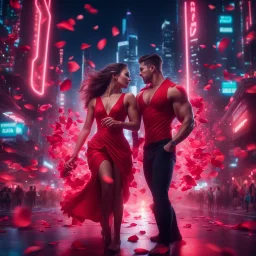 Hyper Realistic handsome muscular guy & a beautiful girl in classy red dress dance in Futuristic City with neon lights & rose-petals at dark night.