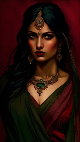 a beautiful Indian woman with extremely long black hair, hazel eyes, dark red lips, in Designer dark red chiffon lace saree with deep green hem, oil painting by James Gurney, Alphonse Mucha, Alberto Seveso and Russ