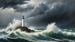 An ultra-detailed oil painting of a lighthouse surrounded by raging waves and stormy skies. (dramatic:1.4), (hyper-realistic), (highly detailed:1.5), (intricate details:1.2), (palette knife:1.2), (by Greg Manchess), (HDR:1.3), (intense:1.1), (cinematic lighting:1.3), (trending on CGsociety), (surreal:1.2), (high contrast:1.3), (oil painting texture:1.5), (dramatic shadows:1.2), perfect lighting, perfect shading,