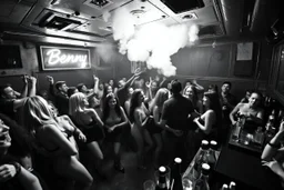 dans golv på en nedsliten sunkig techno club, många personer som dansar, yppiga kvinnor, scen rök och ljus strobes, svartvit bild, en del personer ser in i kameran och skriker: "Benny!" och en Neon Skylt med texten "DJ ROY" på väggen, DJ Roy skriker rätt in i kameran, öppen mun, mycket flaskor och glas i baren