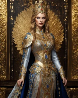 Realistic photography,front view, Beautiful Queen Russian Byzantine fairy super model Byzantine Woman, blonde brown hair,dressing luxury party gown,looking at viewer,traditional dress ornaments Luxury gown Byzantine traditional, intricate armor, delicate golden shine bright, black metalic parts, detailed part, jewelry diamonds,dynamic pose,abstrac background, dynamic lighting, red hour, full body portrait