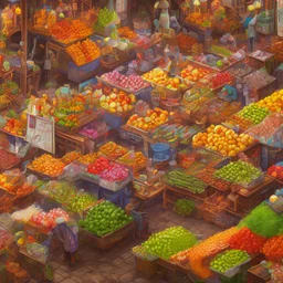 7. Generate an image of a bustling market with vendors selling exotic foods and goods.