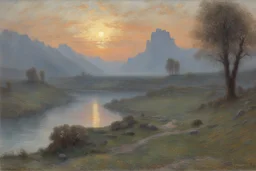 mistery night, mountains, rocks, river, epic, gothic and witchcraft influence, emile claus, and rodolphe wytsman impressionism paintings