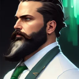 "MIddle aged white human male, with a trimmed but uneven beard, piercing green eyes with slick back hair, head and shoulders portrait, 8k resolution concept art portrait by Greg Rutkowski, Artgerm, WLOP, Alphonse Mucha dynamic lighting hyperdetailed intricately detailed Splash art trending on Artstation triadic colors Unreal Engine 5 volumetric lighting Splash art fantasy"