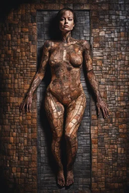 a human body patchwork sewn of big pieces of human skin. show hole body. terrifying horror setting. clive barker. h. r. giger.