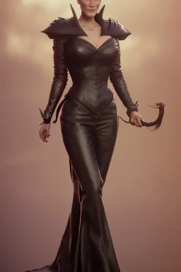 Robin Wright as evil queen in black leather, busty, cleavage, curvy, Claire Underwood, angry, stern look. character design by cory loftis, fenghua zhong, ryohei hase, ismail inceoglu and ruan jia. unreal engine 5, artistic lighting, highly detailed, photorealistic, fantasy