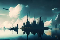 city, sci-fi, lake, ships, clouds, john foxx influence