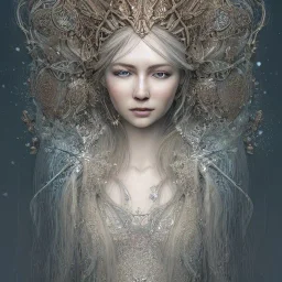 Insanely detailed photograph of an “portrait of gorgeous nordic goddess ” with intricate hair, intricate embroidered dress, beautiful clear face and hyperdetailed painting by Ismail Inceoglu Huang Guangjian and Dan Witz CGSociety ZBrush Central fantasy art album cover art,8K, hdr, romantic, mysterious, ominous, snowflakes, jewelry, comfort, natural eyes, arms open for embrace